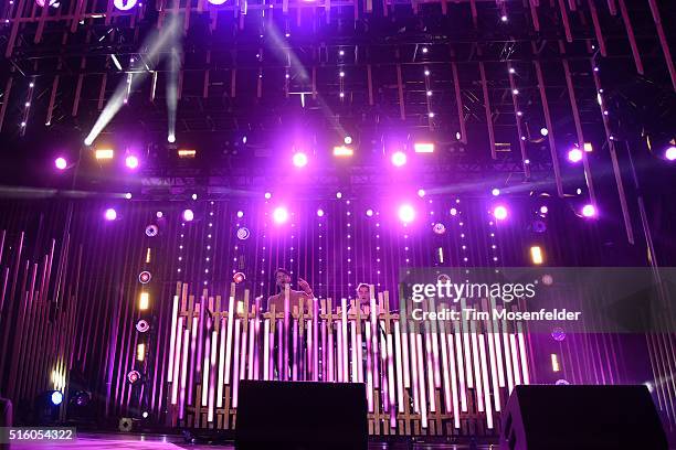 Musicians Alex Pall and Andrew Taggart of The Chainsmokers perform onstage during the 2016 MTV Woodies/10 For 16 on March 16, 2016 in Austin, Texas.