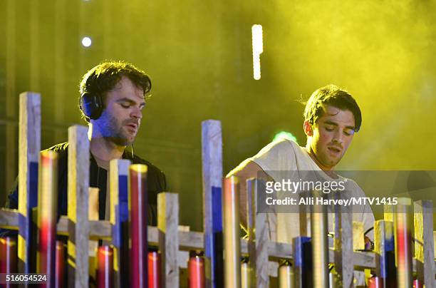 Musicians Alex Pall and Andrew Taggart of The Chainsmokers perform onstage during the 2016 MTV Woodies/10 For 16 on March 16, 2016 in Austin, Texas.