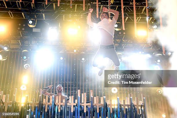 Musicians Alex Pall and Andrew Taggart of The Chainsmokers perform onstage during the 2016 MTV Woodies/10 For 16 on March 16, 2016 in Austin, Texas.