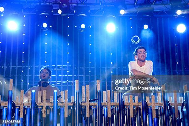 Musicians Alex Pall and Andrew Taggart of The Chainsmokers perform onstage during the 2016 MTV Woodies/10 For 16 on March 16, 2016 in Austin, Texas.