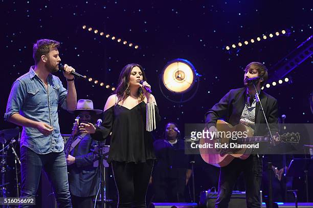 Lady Antebellum's Charles Kelley, Hillary Scott, and Dave Haywood perform at The Life & Songs of Kris Kristofferson produced by Blackbird Presents at...
