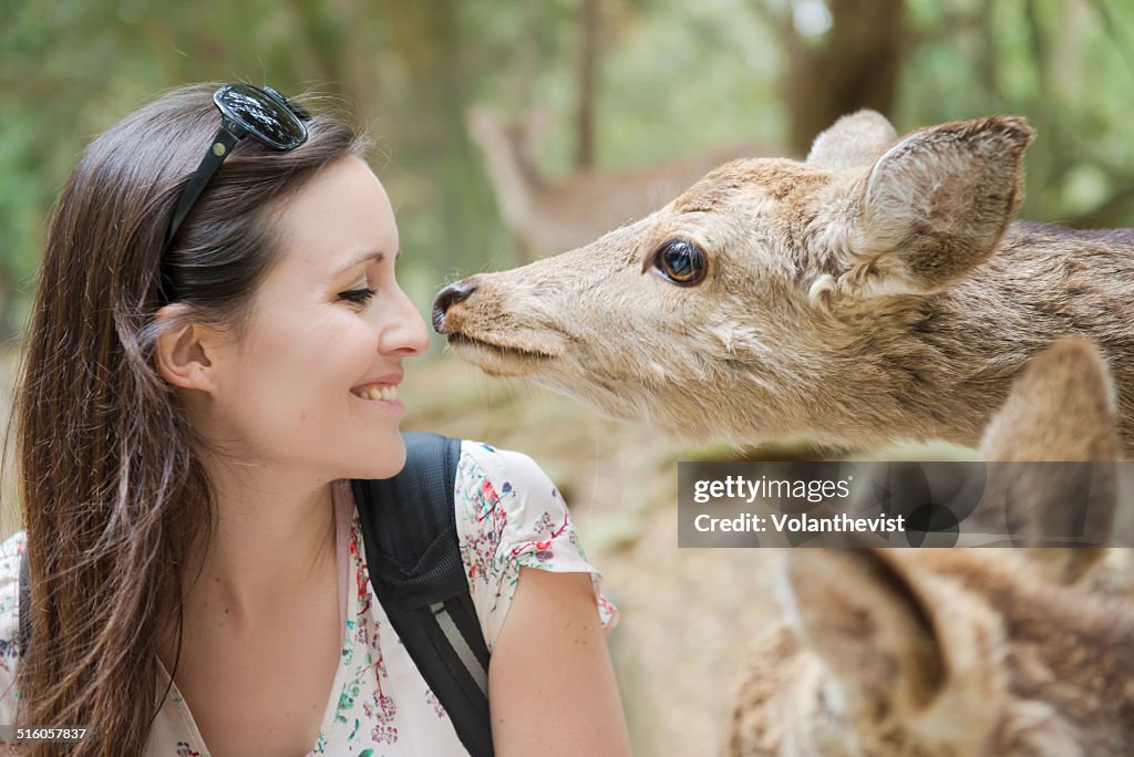 Cute deer playing with a beautiful woman in Nara