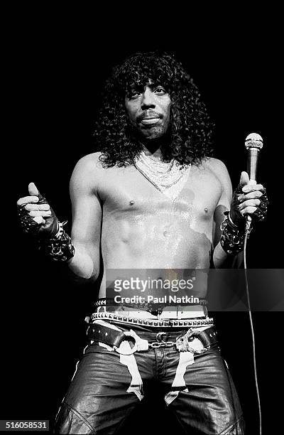 American musician Rick James performs onstage at the Holiday Star Theater, Merrillville, Indiana, September 9, 1983.