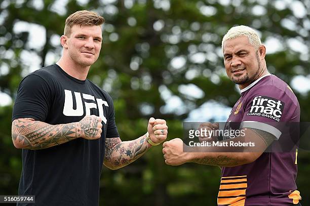 Josh McGuire of the Broncos and UFC fights Mark Hunt pose during a UFC photocall on March 17, 2016 in Brisbane, Australia.
