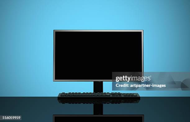 illuminated flat screen with copy space - computer monitor and keyboard stock pictures, royalty-free photos & images