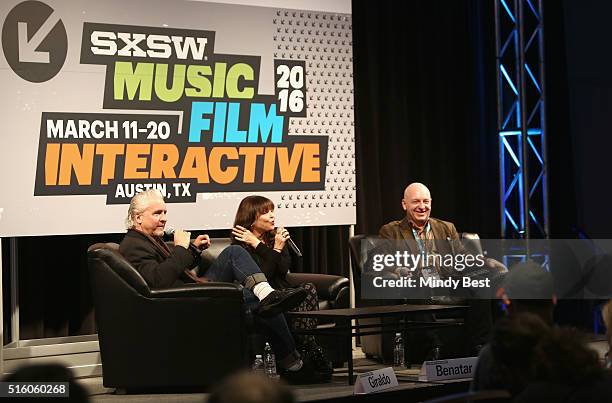 Neil Giraldo, Pat Benatar and Mike Snider speak onstage at onstage at SXSW Interview: Pat Benatar & Neil Giraldo during the 2016 SXSW Music, Film +...