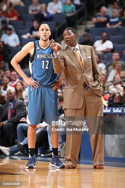 Tayshaun Prince and Sam MItchell of the Minnesota Timberwolves are seen against the Memphis Grizzlieson March 16, 2016 in Memphis, Tennessee. NOTE TO...