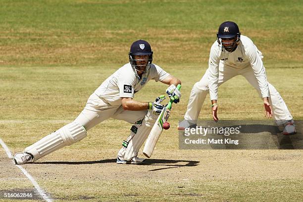 Ryan Carters of the Blues bats during day three of the Sheffield Shield match between Victoria and New South Wales at Traeger Park on March 17, 2016...