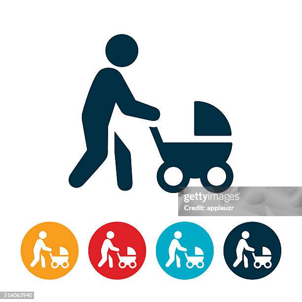 mother pushing stroller icon - pushing stock illustrations