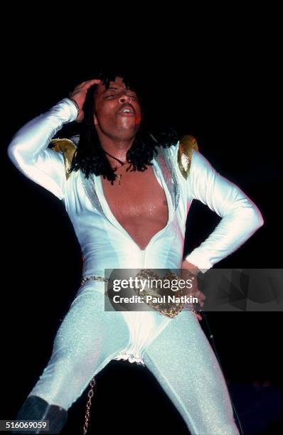 American musician Rick James performs onstage at the Auditorium Theater, Chicago, Illinois, March 31, 1979.