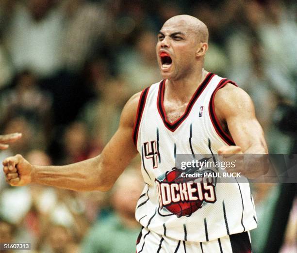 Charles Barkley of the Houston Rockets reacts to the Rockets' victory over the Los Angeles Lakers at the Compaq Center in Houston, Texas, 13 May,...