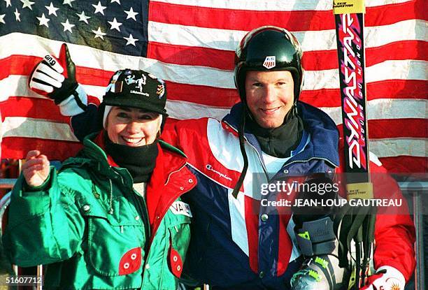 First Lady Hillary Clinton and gold medalist of the men's downhill, Tommy Moe of the U.S. Pose for photographers in Kvitfjell, Norway, 13 February...