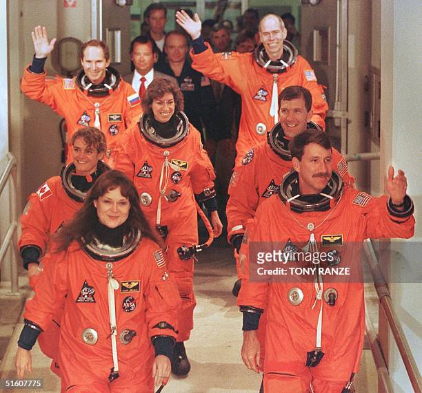 The crew of the Space Shuttle Discovery Mission Specialist Tamara Jernigan, Commander Kent Rominger, Mission Specialist Julie Payette from Canada,...