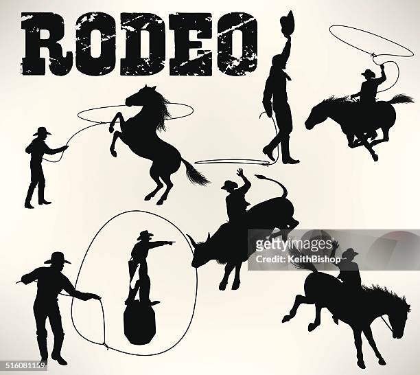 ilustrações, clipart, desenhos animados e ícones de rodeio, cavalos selvagens, montando em touro - laço corda