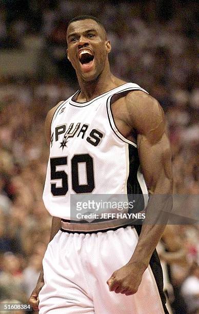 David Robinson of the San Antonio Spurs yells after a basket against the New York Knicks in second half action during game one of the NBA Finals 16...