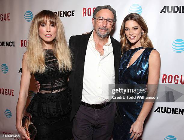 Actors Sarah Carter, Richard Schiff and Ashley Greene attend the premiere Of DirecTV's "Rogue" at The London Hotel on March 16, 2016 in West...