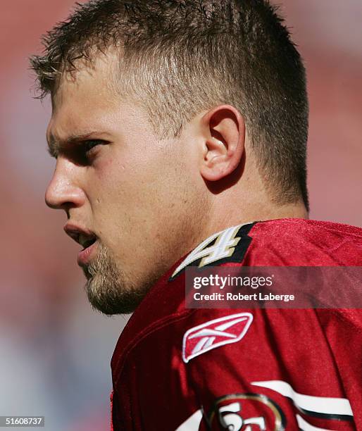 Punter Andy Lee of the San Francisco 49ers watches from the sideline during the game with the Arizona Cardinals at Monster Park on October 10, 2004...