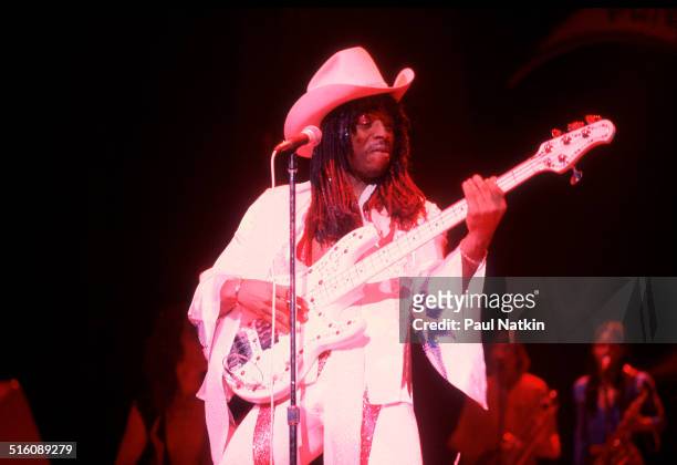 American musician Rick James performs onstage at the Uptown Theater, Chicago, Illinois, February 28, 1980.