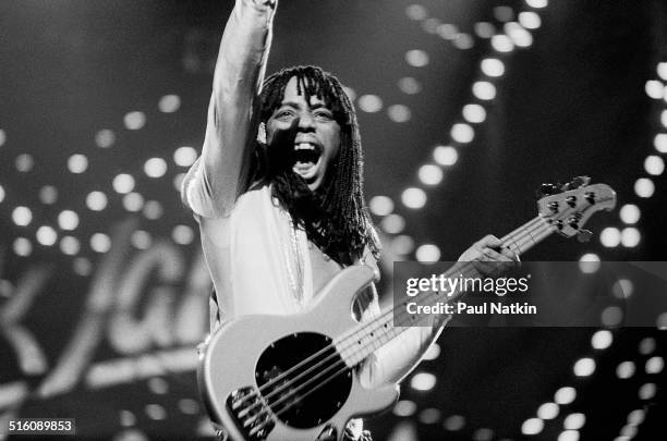 American musician Rick James performs onstage at the Auditorium Theater, Chicago, Illinois, March 31, 1979.