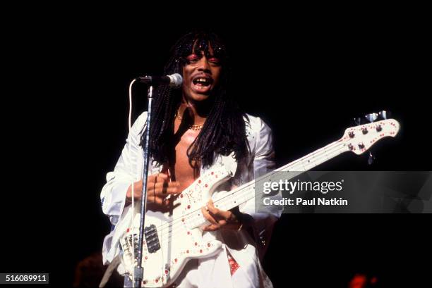 American musician Rick James performs onstage at the Uptown Theater, Chicago, Illinois, February 28, 1980.