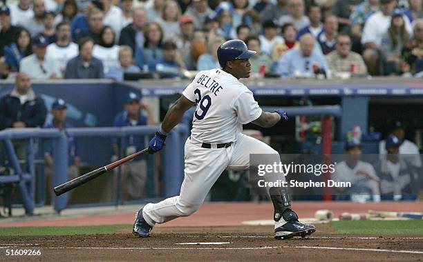 Third baseman Adrian Beltre of the Los Angeles Dodgers takes a swing during the National League Division Series with the St. Louis Cardinals, Game...