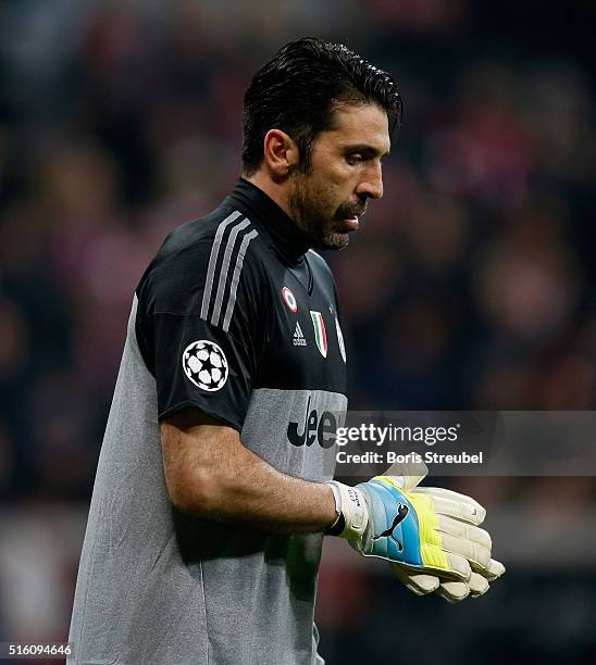 Goalkeeper Gianluigi Buffon of Juventus Turin looks dejected during the UEFA Champions League round of 16 second leg match between FC Bayern Muenchen...