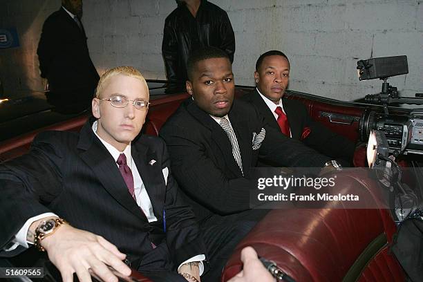 Rappers Eminem, 50 Cent and Dr. Dre arrive at the Shady National Convention to launch Shade 45, a new satellite radio station, at the Roseland...