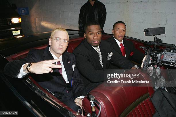 Rappers Eminem, 50 Cent and Dr. Dre arrive at the Shady National Convention to launch Shade 45, a new satellite radio station, at the Roseland...
