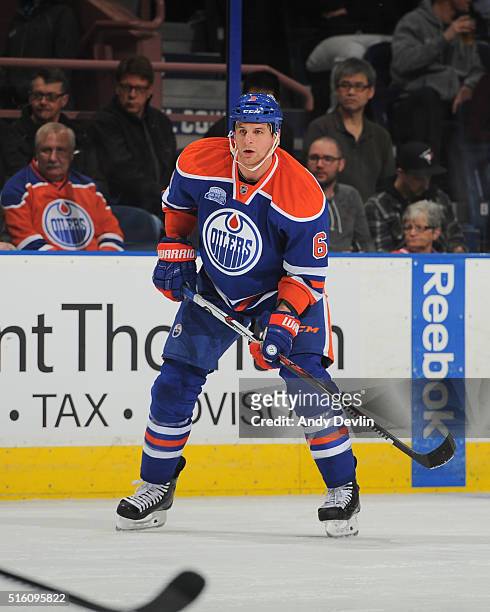 Adam Pardy of the Edmonton Oilers skates during a game against the San Jose Sharks on March 8, 2016 at Rexall Place in Edmonton, Alberta, Canada.