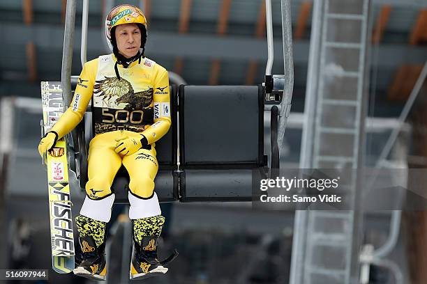 Noriaki Kasai of Japan looks on prior to day 1 of the FIS Ski Jumping World Cup at Letalnica on March 17, 2016 in Planica, Slovenia. It's Noriaki...