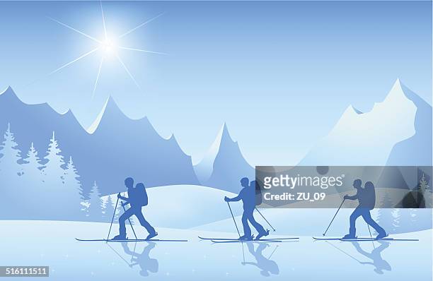 skiers on tour in the mountains at sunshine - nordic skiing event stock illustrations
