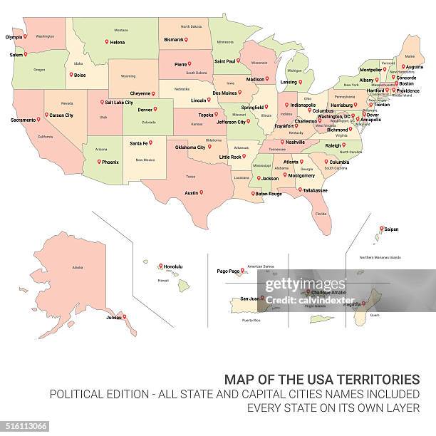 farbe karte der vereinigten staaten von amerika-territorien - hauptstadt stock-grafiken, -clipart, -cartoons und -symbole