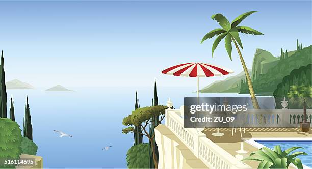 bildbanksillustrationer, clip art samt tecknat material och ikoner med mediterranean landscape with a terrace, a beautiful place to relax - greek islands