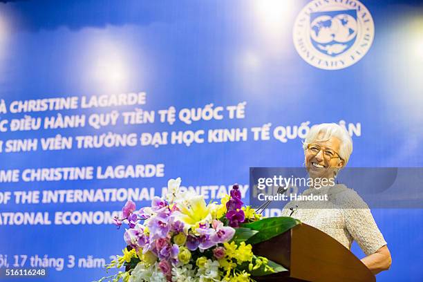 In this handout photo provided by the International Monetary Fund , International Monetary Fund Managing Director Christine Lagarde speaks at the...