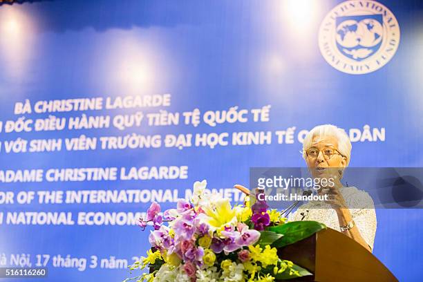 In this handout photo provided by the International Monetary Fund , International Monetary Fund Managing Director Christine Lagarde speaks at the...