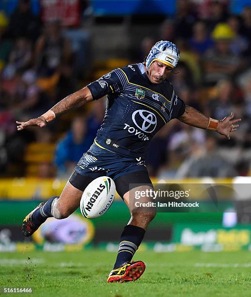 Johnathan Thurston of the Cowboys kicks the ball during the round three NRL match between the North Queensland Cowboys and the Sydney Roosters at...