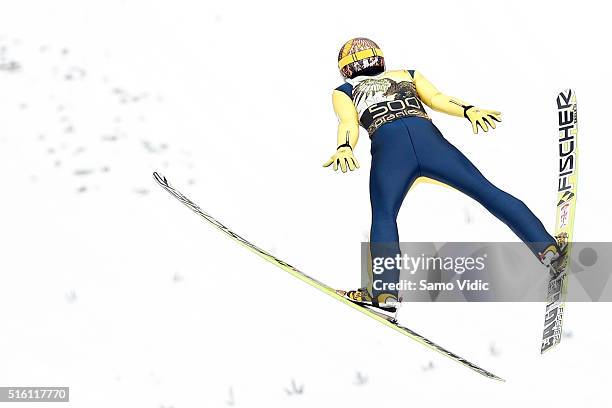 Noriaki Kasai of Japan soars through the air during day 1 of the FIS Ski Jumping World Cup at Letalnica on March 17, 2016 in Planica, Slovenia. It's...