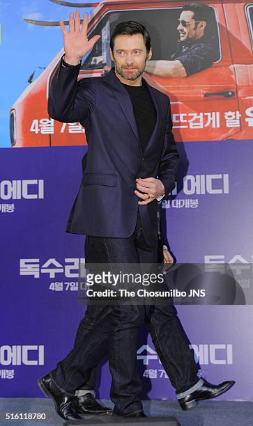 Hugh Jackman attends the movie "Eddie the Eagle" press conference at Four Seasons hotel on March 7, 2016 in Seoul, South Korea.