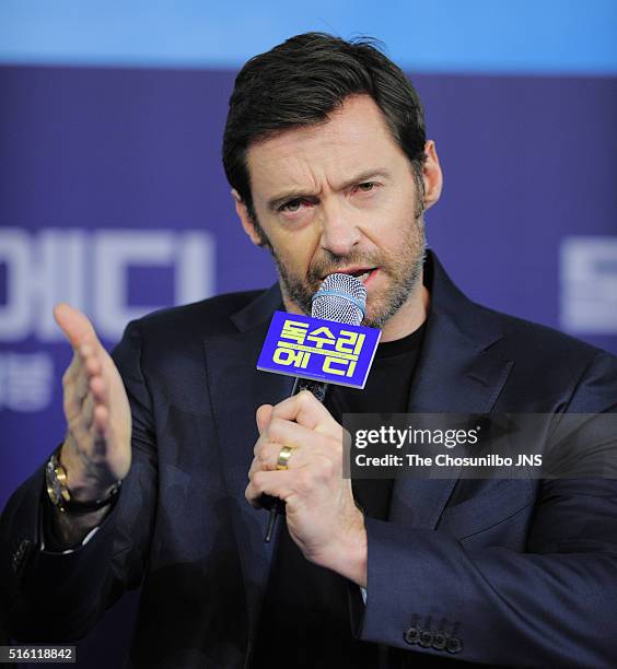 Hugh Jackman attends the movie "Eddie the Eagle" press conference at Four Seasons hotel on March 7, 2016 in Seoul, South Korea.