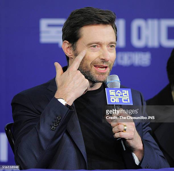 Hugh Jackman attends the movie "Eddie the Eagle" press conference at Four Seasons hotel on March 7, 2016 in Seoul, South Korea.