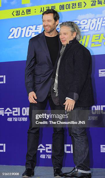 Hugh Jackman and Dexter Fletcher attend the movie "Eddie the Eagle" press conference at Four Seasons hotel on March 7, 2016 in Seoul, South Korea.