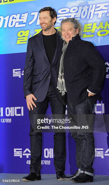 Hugh Jackman and Dexter Fletcher attend the movie "Eddie the Eagle" press conference at Four Seasons hotel on March 7, 2016 in Seoul, South Korea.