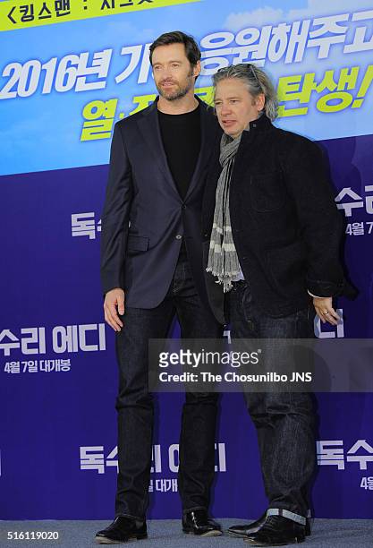 Hugh Jackman and Dexter Fletcher attend the movie "Eddie the Eagle" press conference at Four Seasons hotel on March 7, 2016 in Seoul, South Korea.