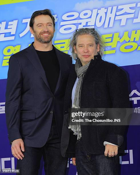 Hugh Jackman and Dexter Fletcher attend the movie "Eddie the Eagle" press conference at Four Seasons hotel on March 7, 2016 in Seoul, South Korea.