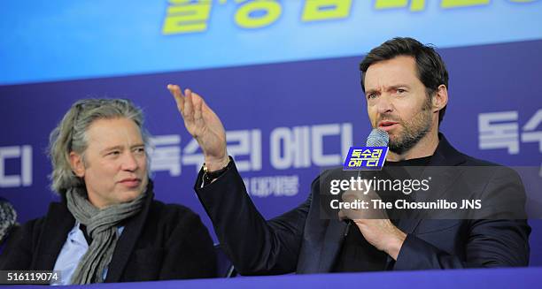 Dexter Fletcher and Hugh Jackman attend the movie "Eddie the Eagle" press conference at Four Seasons hotel on March 7, 2016 in Seoul, South Korea.