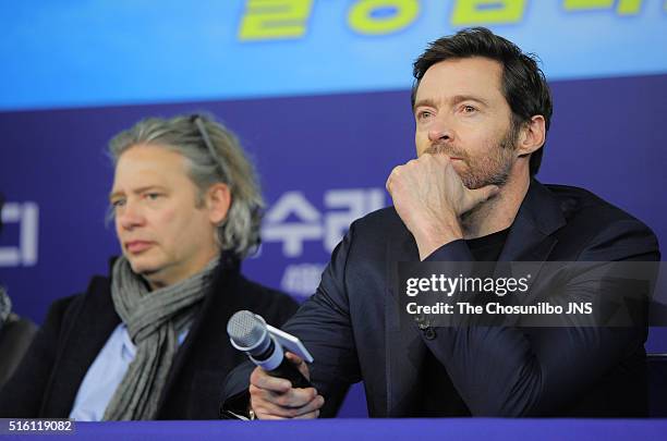 Dexter Fletcher and Hugh Jackman attend the movie "Eddie the Eagle" press conference at Four Seasons hotel on March 7, 2016 in Seoul, South Korea.