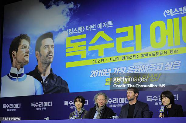 Dexter Fletcher and Hugh Jackman attend the movie "Eddie the Eagle" press conference at Four Seasons hotel on March 7, 2016 in Seoul, South Korea.