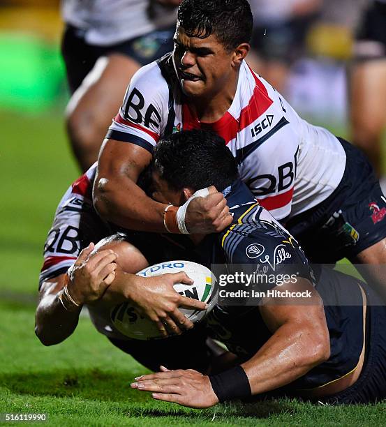 Jason Taumalolo of the Cowboys scores a try during the round three NRL match between the North Queensland Cowboys and the Sydney Roosters at...