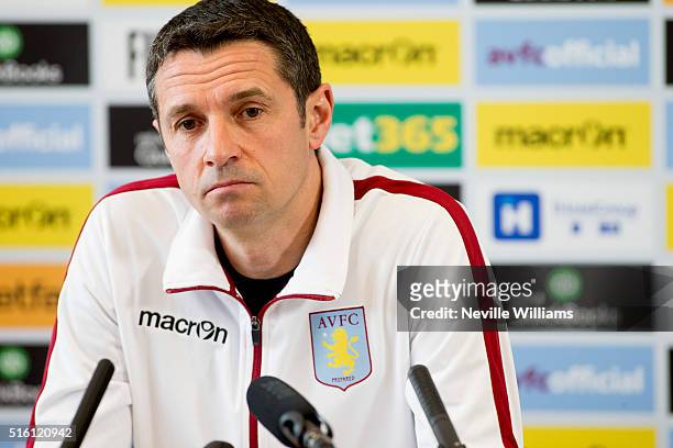 Remi Garde manager of Aston Villa talks to the press during a press conference at the club's training ground at Bodymoor Heath on March 17, 2016 in...