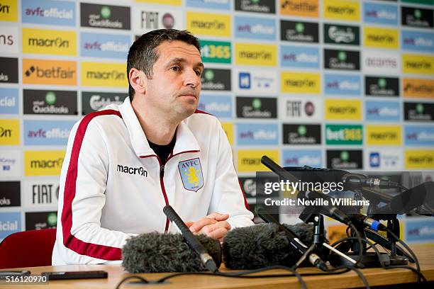 Remi Garde manager of Aston Villa talks to the press during a press conference at the club's training ground at Bodymoor Heath on March 17, 2016 in...